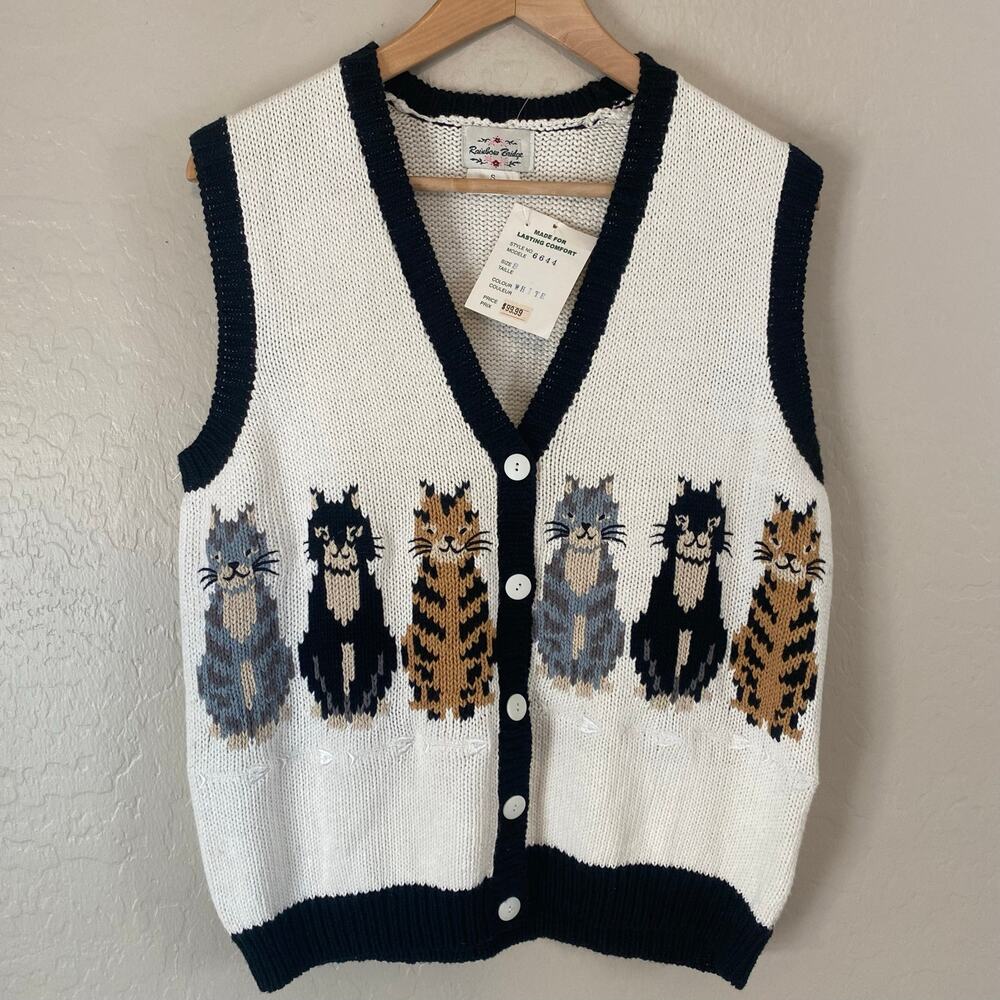VTG Deadstock Rainbow Bridge Cats Sweater Cardigan Knit Vest Womens Sz Small